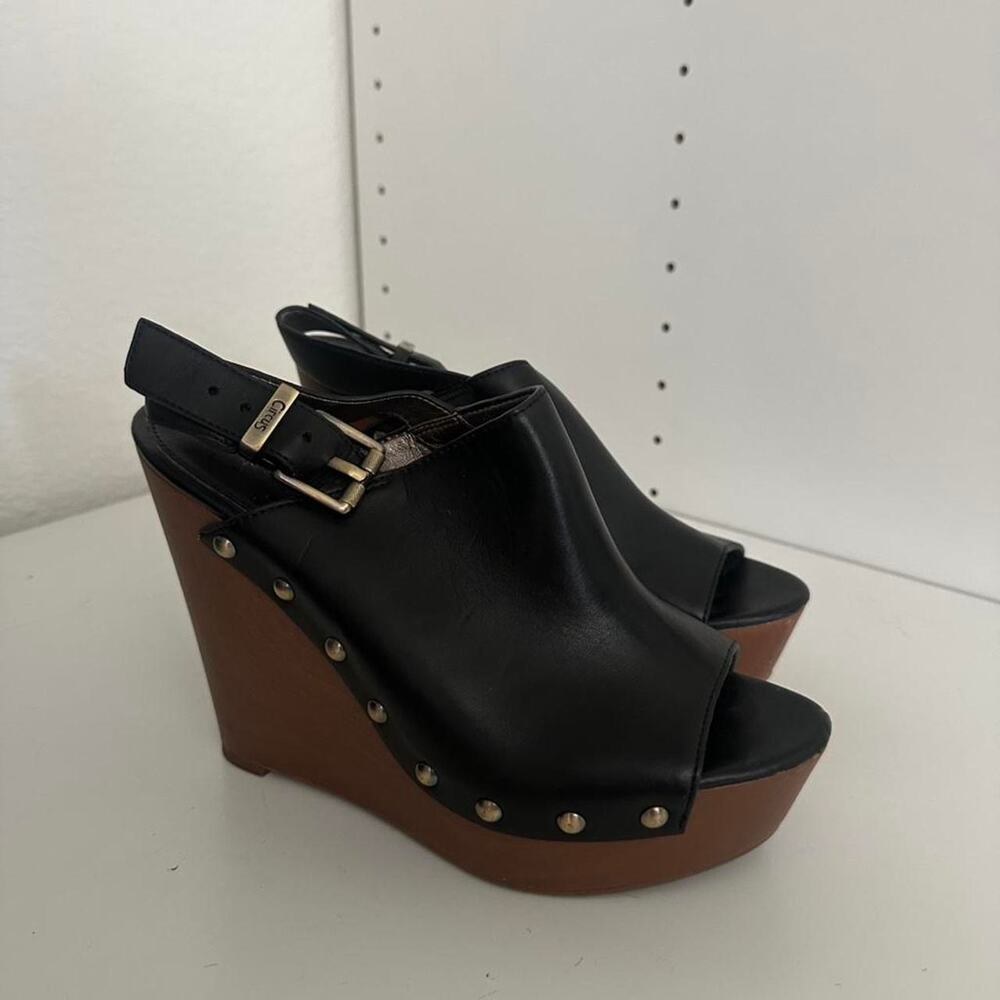 Black leather platform wedge sandals